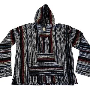 Baja Joe Striped Drug Rug Hoodie Mexican Hippie Black Red M Oversized